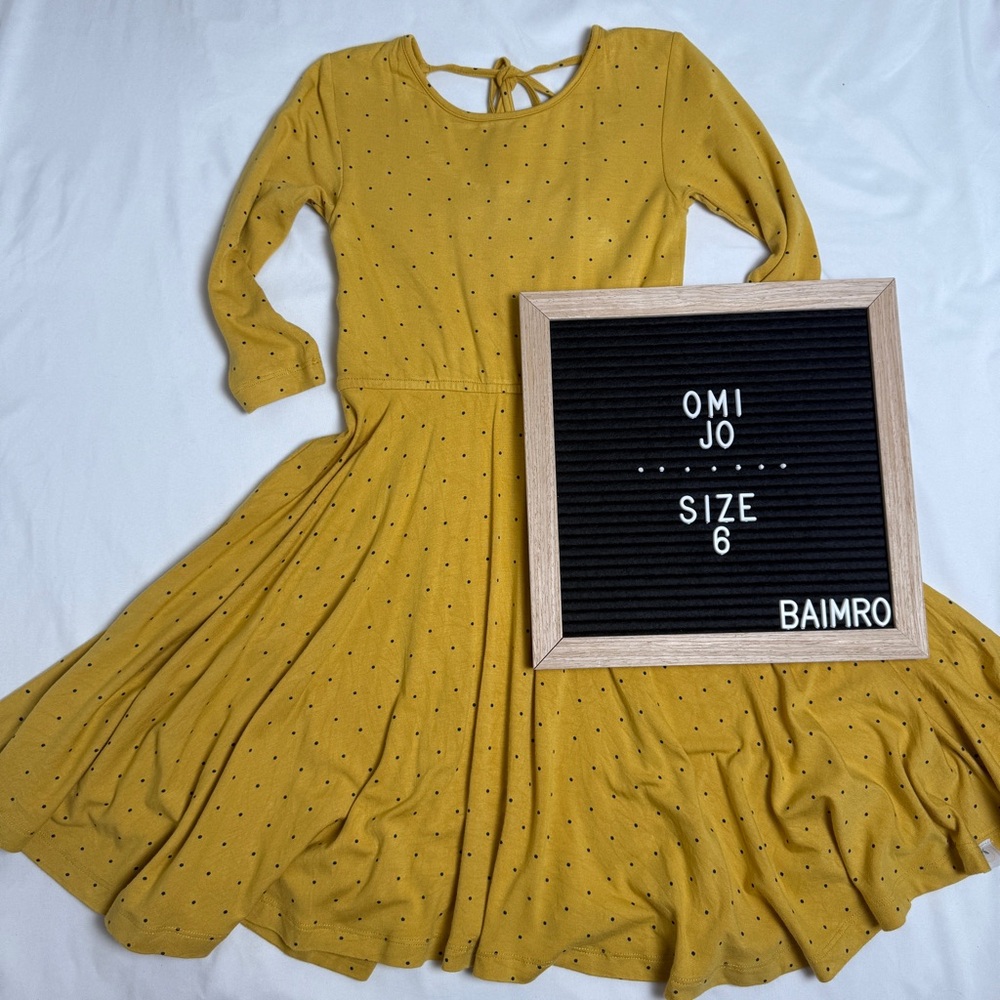 Omi Jo mustard yellow dress with navy blue polkadots 3/4 sleeve size 6 girls